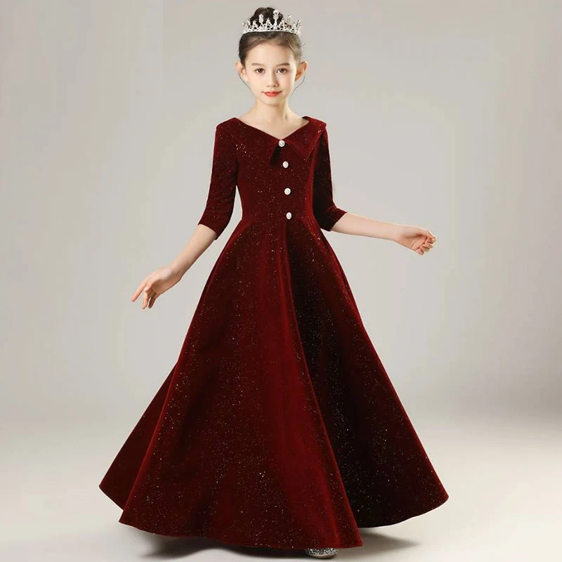 

2023 New Female Children's Evening Skirt Piano Performance Long Sleeve Spring Style Birthday Flower Girl Dress