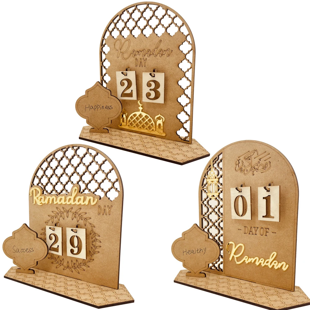 

1set Kareem Ramadan Countdown Calendar Wooden Eid Mubarak Ornaments for AL Adha Islamic Muslim Home Party Table Decorations