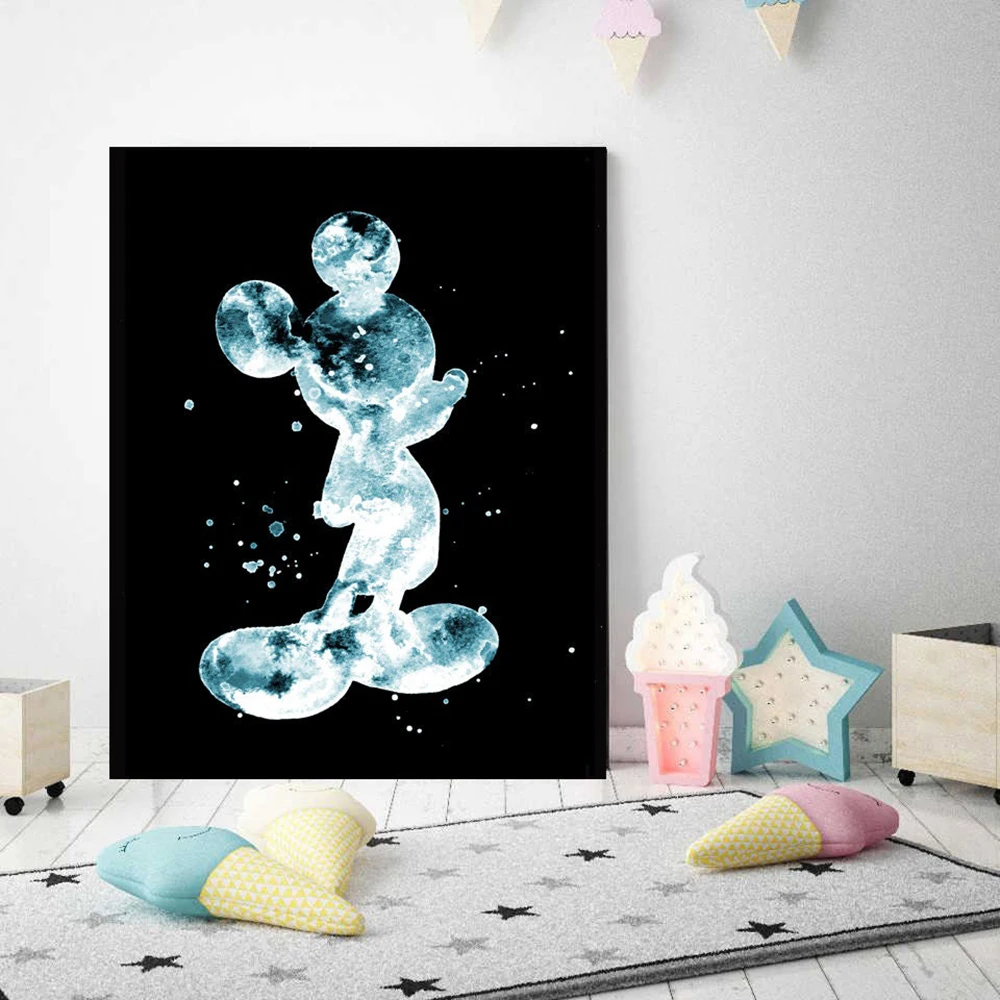 

Disney Mickey Mouse Watercolor Art Canvas Painting Black And Blue Cartoon Wall Art Poster Nursery Kids Room Home Decoration