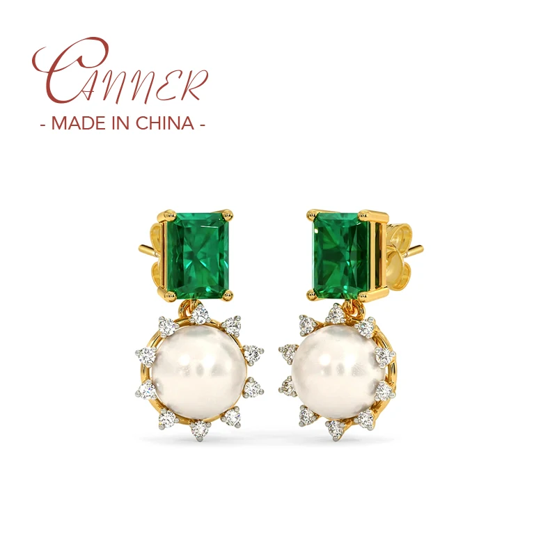 

CANNER 925 Sterling Silver Rectangle Green Zircon Earrings Korean Pearl Stud Earrings For Women Silver 925 Jewelry Party Gift