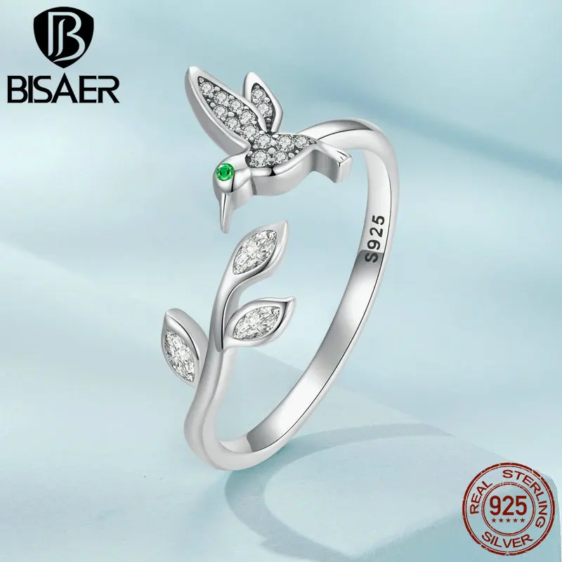 BISAER 925 Sterling Silver Hummingbird Adjustable Ring Original Design Plated Platinum Fine Jewelry For Engagement Party Women