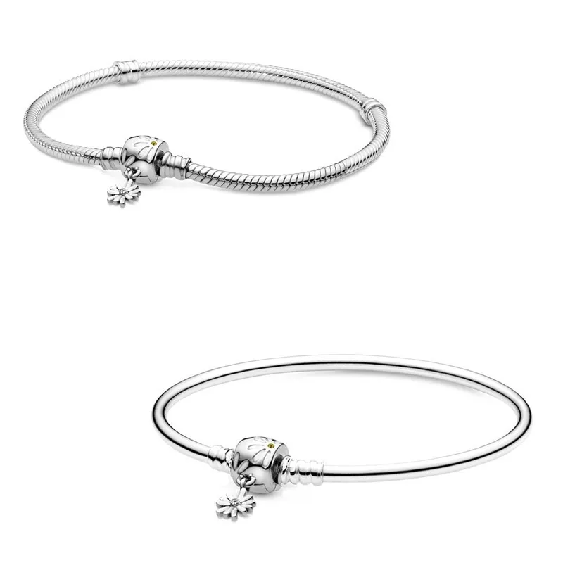 

Original Moments Leaves Daisy Flower Clasp Snake Chain Bracelet Bangle Fit Women 925 Sterling Silver Bead Charm Fashion Jewelry