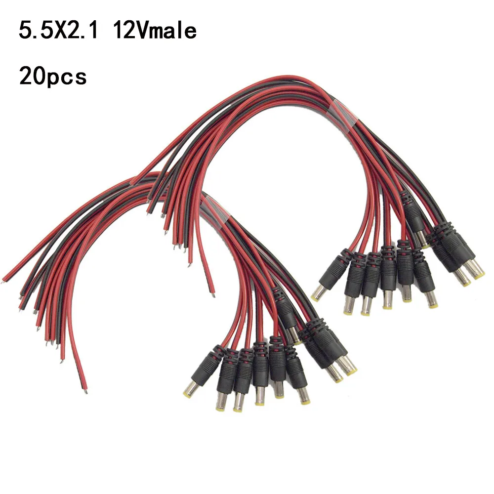 

10/20 Pcs DC Male Power Jack Cable Connector For CCTV Security Camera DVR System Pure Copper Core DC Red And Black Wire 5.5*2.1