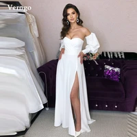 verngo simple a line wedding dresses puff long sleeves sweetheart side slit bridal gowns stretch satin women formal party dress