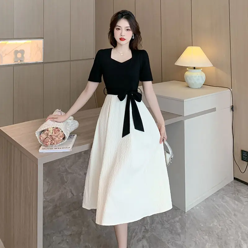 

S-2XL Black And White Dress Women's Summer New French Waist Slimming Splicing Lace-Up Square Collar Short Sleeve A-Line Dress