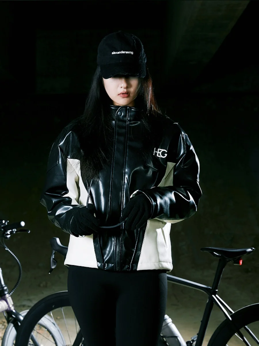 HEG Ci черно-белая лоскутная куртка из искусственной кожи для верховой езды теплая