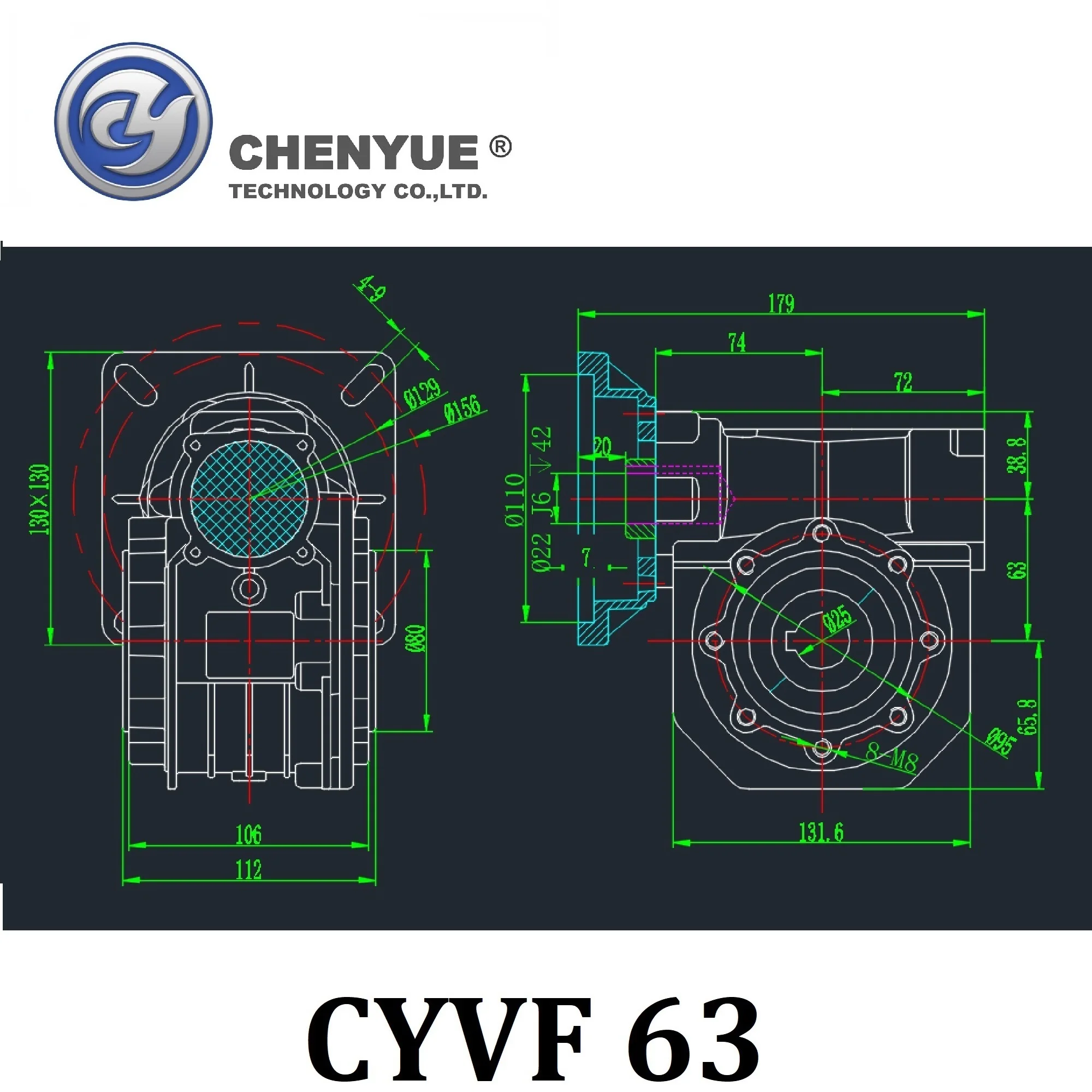 Червячная коробка передач CHENYUE CYVF 063 вход 14/19/22/24 мм выход 25 соотношение 5:1/100:1 не