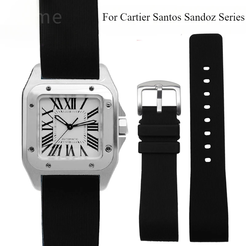 Черный синий силиконовый ремешок для часов Cartier Santos Sandoz 100 с плоским интерфейсом 23