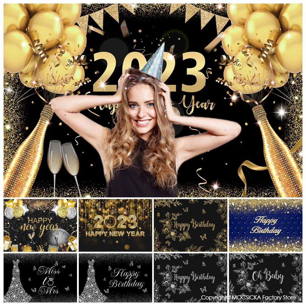 

Happy New Year Birthday Party Backgrounds Golden Balloons Bunting Champagne Decoration Backdrops Birthday Banner Photography