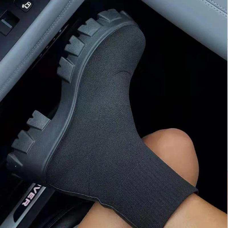 

Big Size 2022 Ankle Short Women Boots Stretch Slip On Knitted Socks Shoes Autumn Fashion Round Toe Platform Booties Heels Female