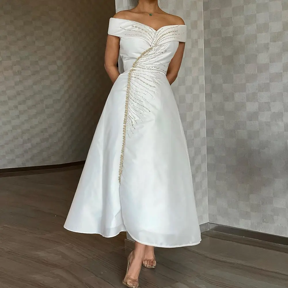 

Elegant Arabic White Midi Dubai Evening Dresses For Women Off Shoulder Tea Lenggth Formal Wedding Party Dresses with Beading