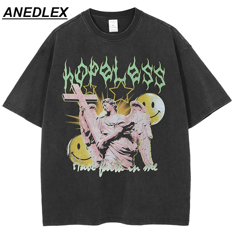 

2022 Men T-Shirt Hip Hop Streetwear Cross Statue Smile Printed T Shirt Harajuku Cotton Loose Top Tees Summer Short Sleeve Tshirt