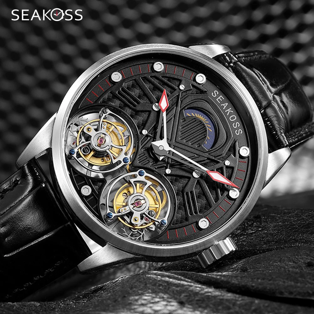 

SEAKOSS Man Pilot Chronograph Watch Luxury Mechanical Waterproof Watch Double Tourbillon Lether Strap Clock Relogio Masculino