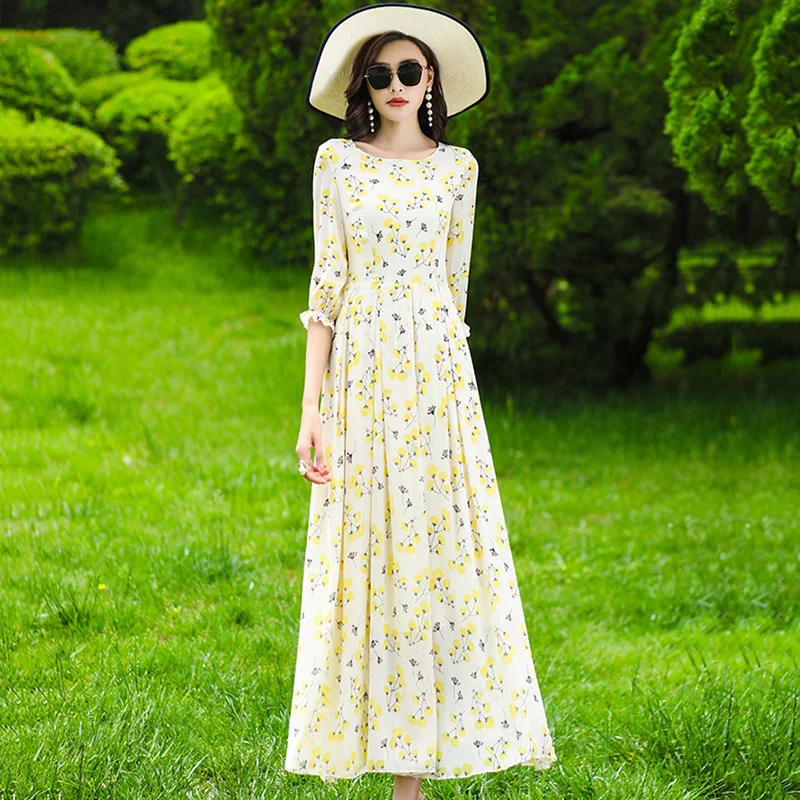 

Женское элегантное платье с цветочным принтом, Элегантное летнее Модное шифоновое изысканное желтое длинное платье-трапеция с О-образным вырезом и тонкой талией