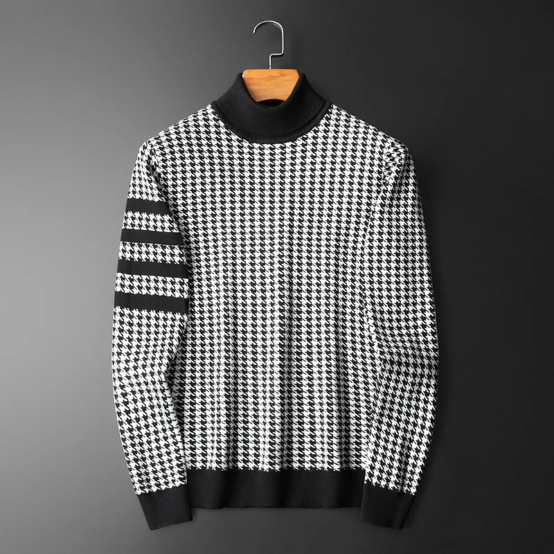 Houndstooth Stripe Contrast Color Sweater Long Sleeve Slim Printing Pullover Sweater Social Dress Shirt Streetwear Men Clothing