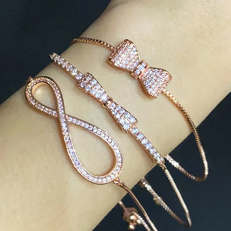 

Uilz Vintage Bow Design White Cubic Zirconia Plated Adjustable Bracelets for Women Wedding Engagement Hand Accessories UBP2028