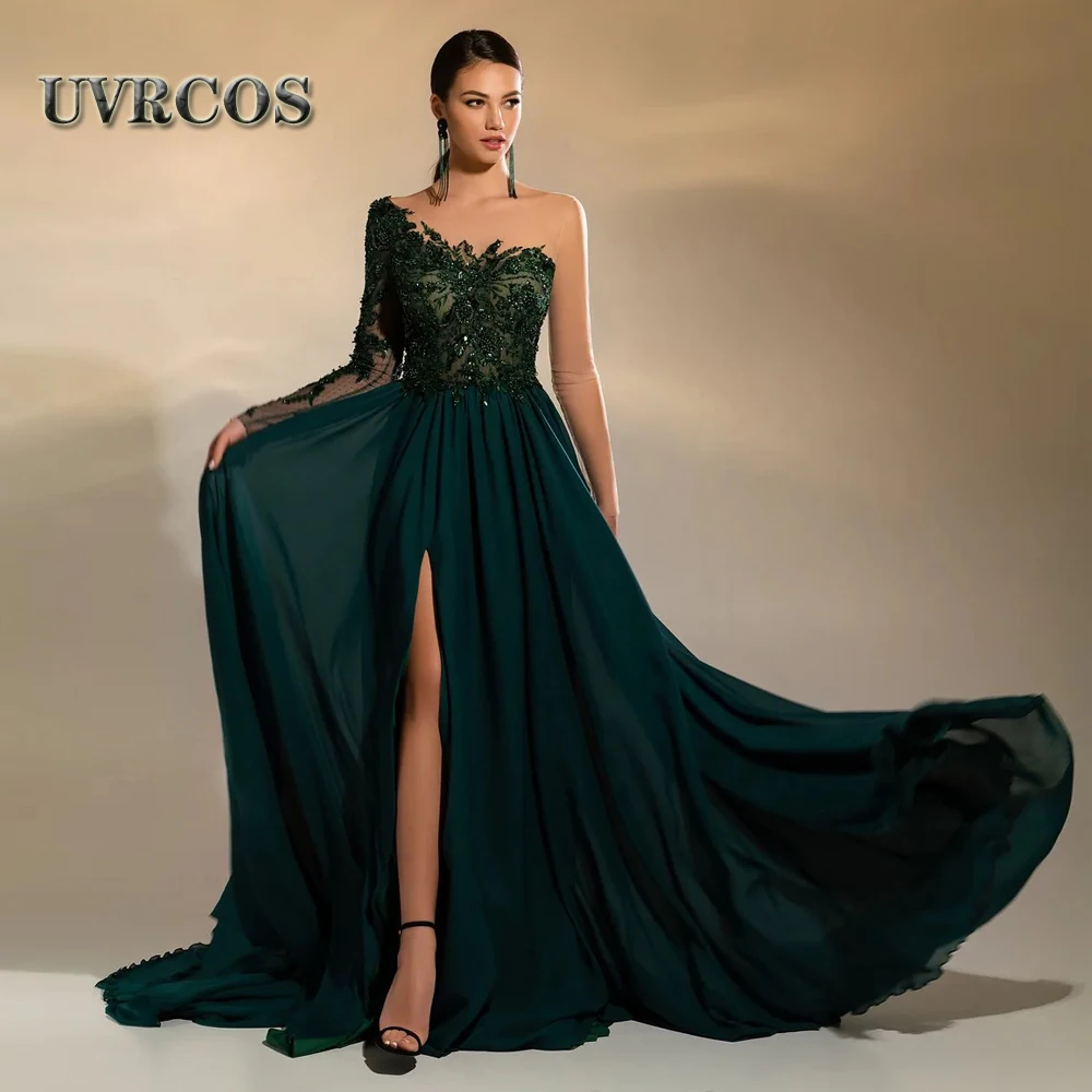 

UVRCOS Emerald Green Evening Dresses One Shoulder Graduation Prom Chiffon Celebrity Girl Party Gown Robes De Soirée Customised