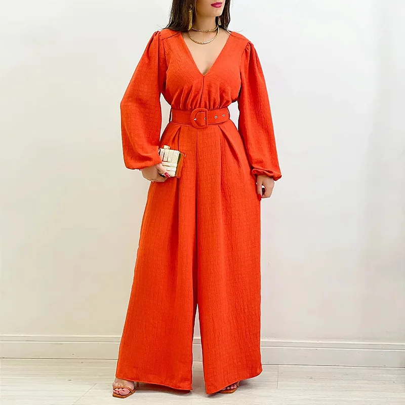 Women's Clothing 2023 Summer New Products Sweet V-neck Long-sleeved High-waisted Wide-leg Jumpsuit Trousers with Belt