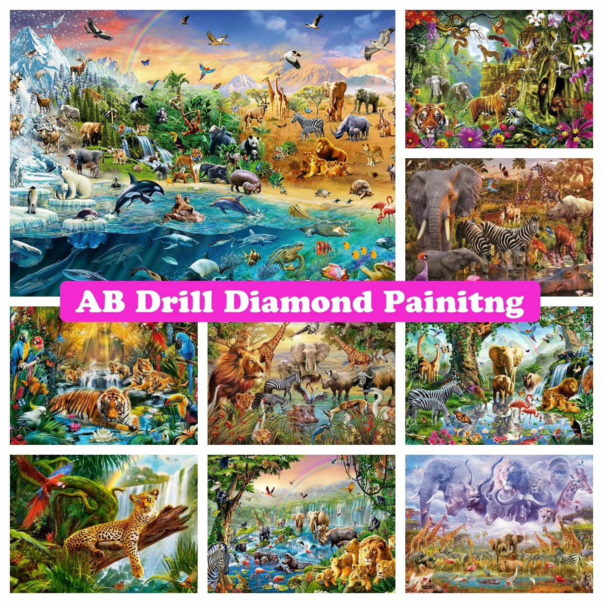 

Wild Animals Paradise 5D DIY AB Drills Diamond Painting Mosaic Cross Stitch Lion Tiger Elephant Handmade Rhinestones Home Decor