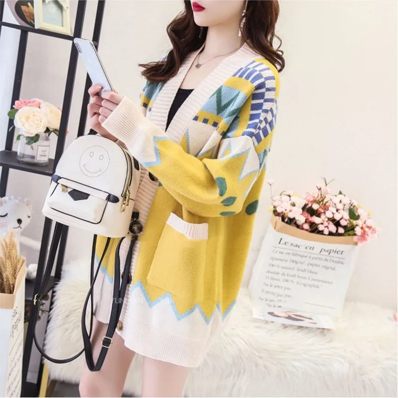 Fairy Color Matching Cardigan Sweater Mid-Length Spring and Autumn New Loose and Lazy Style Coat for Women