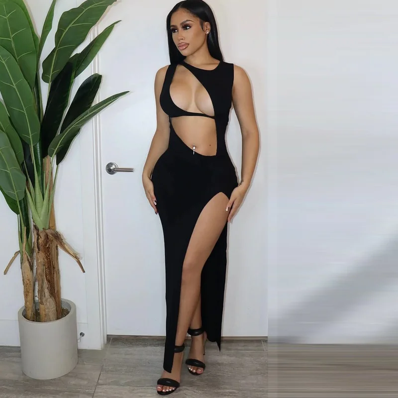 

WUHE Women Cut Out Front High Side Split Sleeveless Bodycon Midi Maxi Dress 2022 Summer Party Club Sexy Night Long Dresses