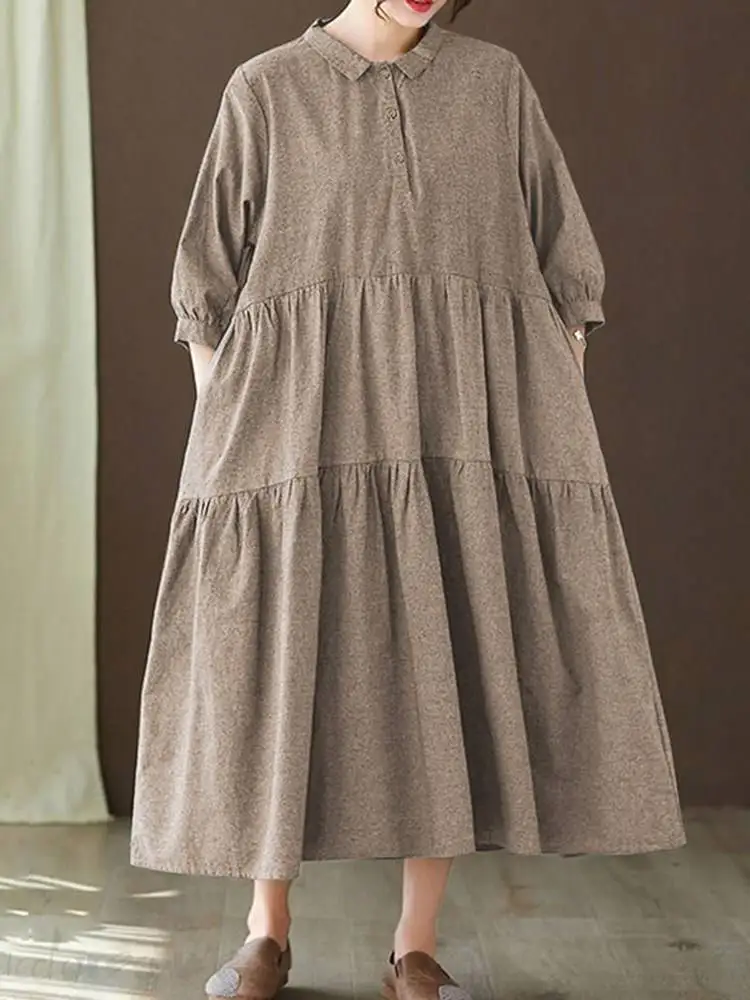 

ZANZAE весеннее Повседневное платье большого размера с отложным воротником и средним рукавом без солнца женское Макси-платье 2022 свободное пла...