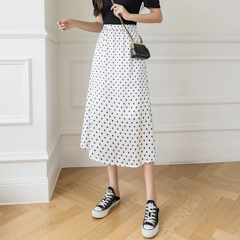 

Summer Chiffon Midi Skirts Womens Korean England Style Satin Office Lady Simple Elegant Faldas Mujer Moda Long Skirts Womens