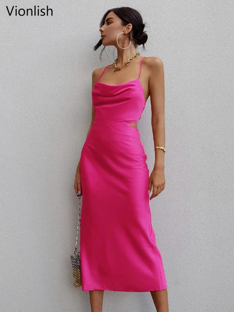 

Vionlish Sexy Fashion Women Spaghetti Strap Bodycon Mid-Length Dress 2022 Summer Sleeveless Slim Lace-up Female Backless Dress