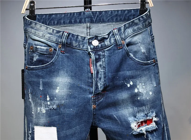 occident Dsquared2 blue hole ruffian handsome self-cultivation elastic Khmer red sticker cloth fashion paint D2