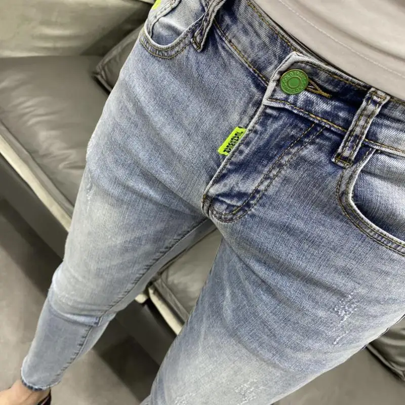 Новинка 2022 хипстерские Модные мужские облегающие светло-голубые джинсы-стрейч в