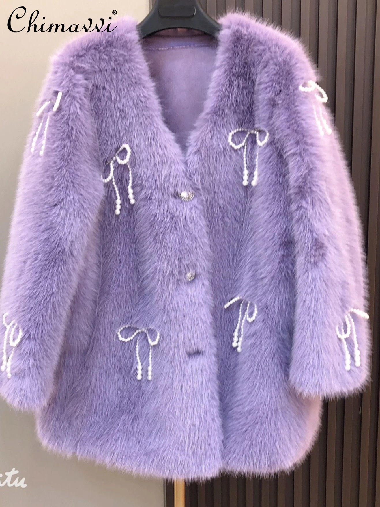 

Sweet Furry Coat Women's 2023 Autumn Winter New Fashion Pearl Bow Loose Warm Long Sleeve Jackets Short Elegant Luxury Fur Coats