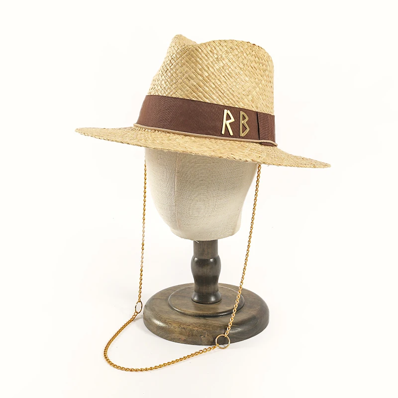 

High Quality Summer Women's Raffia Straw Hat Retro Chain Strap Beach Cap Outdoor Vacation Sun Hat Large Eaves Letters Jazz Hat