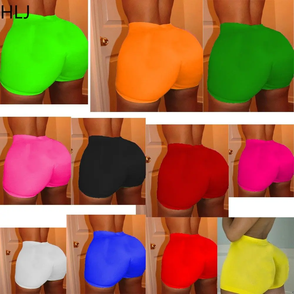 HLJ Casual Solid Color High Waisted Shorts Women Elastic Sporty Skinny Shorts Summer Female Matching Bottoms Biker Shorts 2023