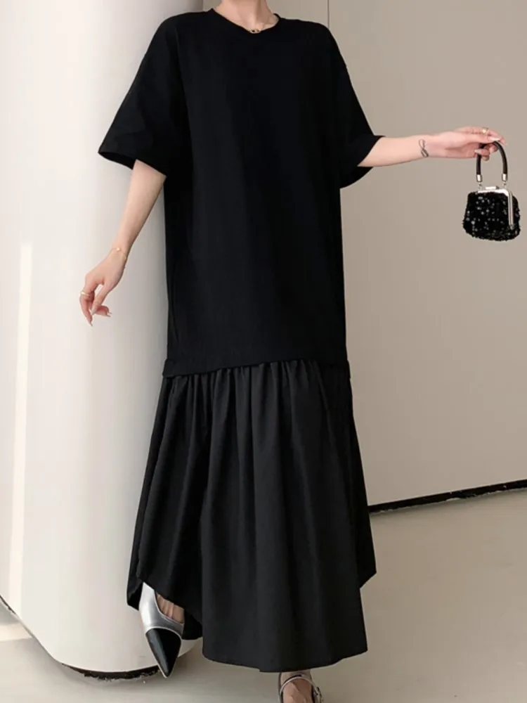 Фото Новое летнее корейское женское платье Vestidos Robe Elbise, свободные однотонные лоскутные длинные платья больших размеров с короткими рукавами и разрезом №5