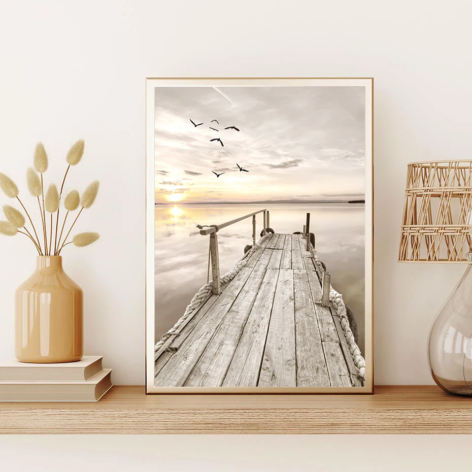 Постер с бежевым пейзажем озера лодки тростника пампаса трава Бохо декоративные