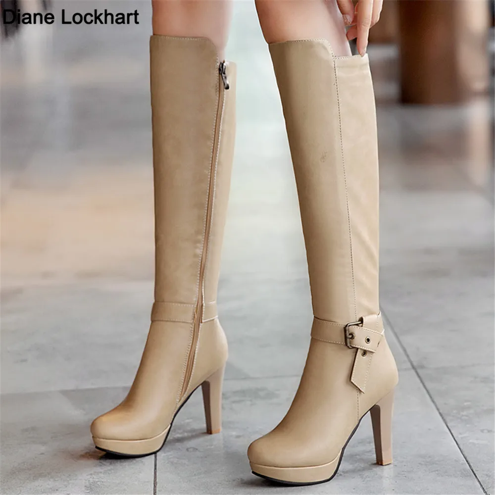 

Knee High Heels Boots Platform Woman Autumn Winter Long Boots Zapatos Mujer Ankle Strap Buckle Apricot Thin heels Zip Boots