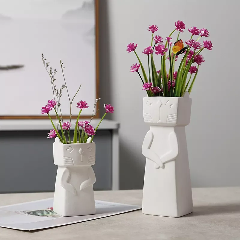 Cat Flower Vase Creative Handmade White Ceramic Hydroponic Plant Pot Home Decoration Kawaii Arrangement Table Centerpiece