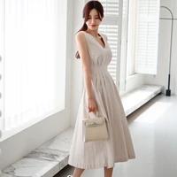 womens new summer korean version high end temperament v neck sleeveless breathable waist closing large swing fashion dress