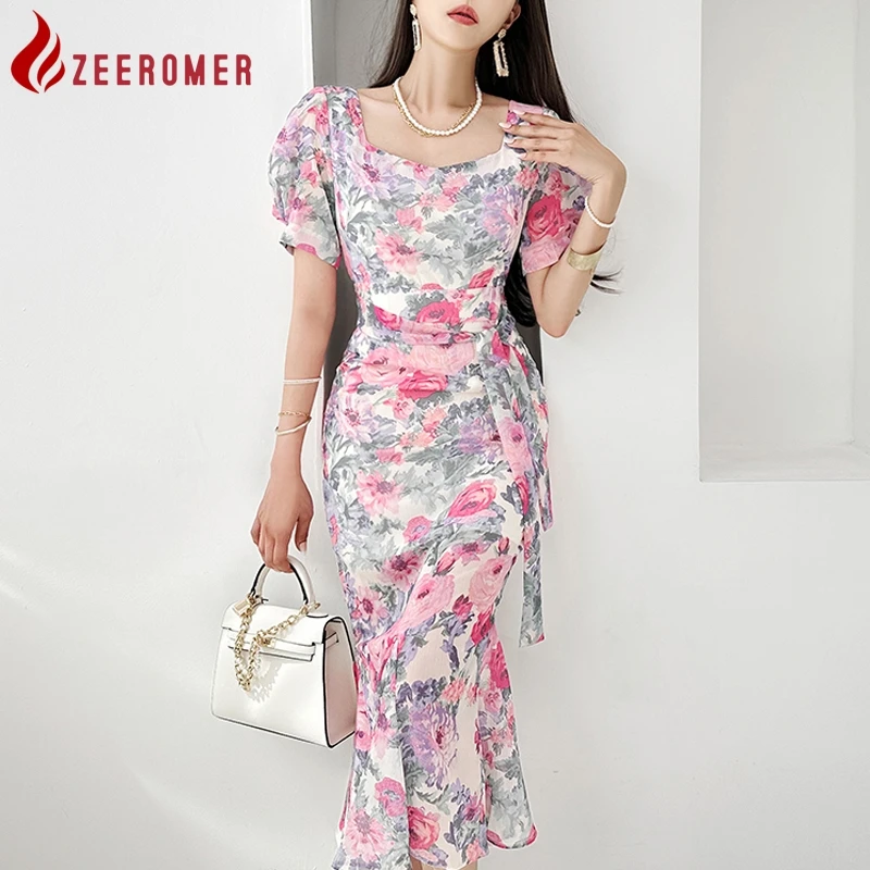 

Женское платье-Русалка с цветочным принтом, квадратным вырезом и пышными рукавами