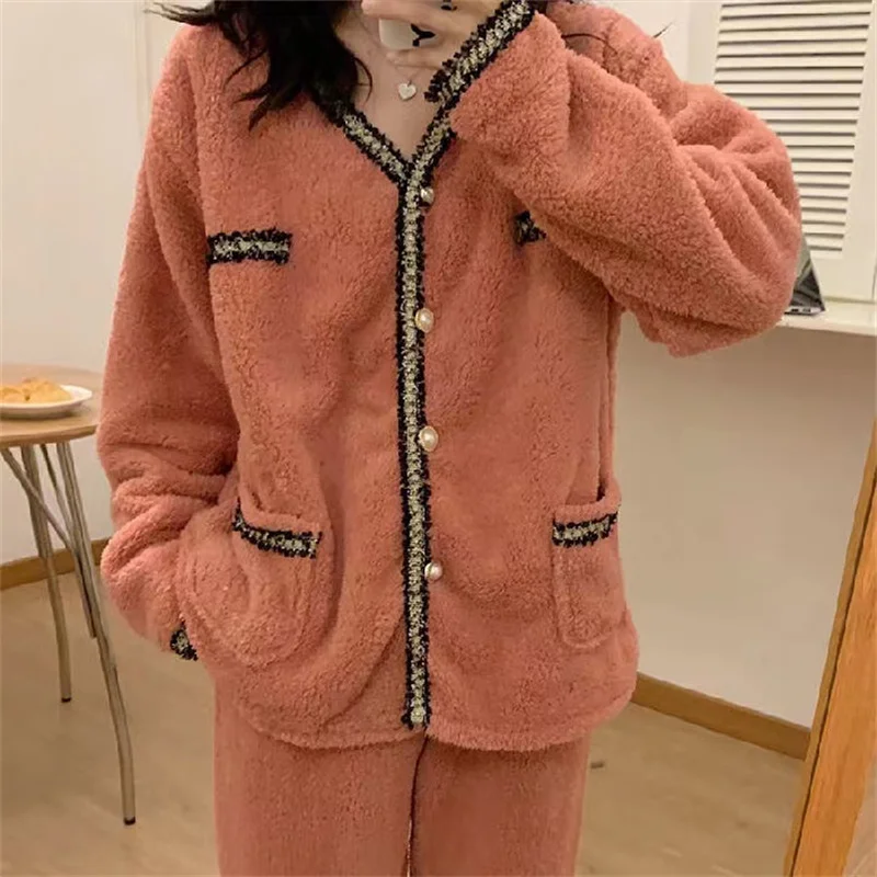 2023 New Pajamas Set Women Winter Coral Velvet Pyjamas Sets Sweet Cute Flannel Long Sleeve Female Homewear Nightwear