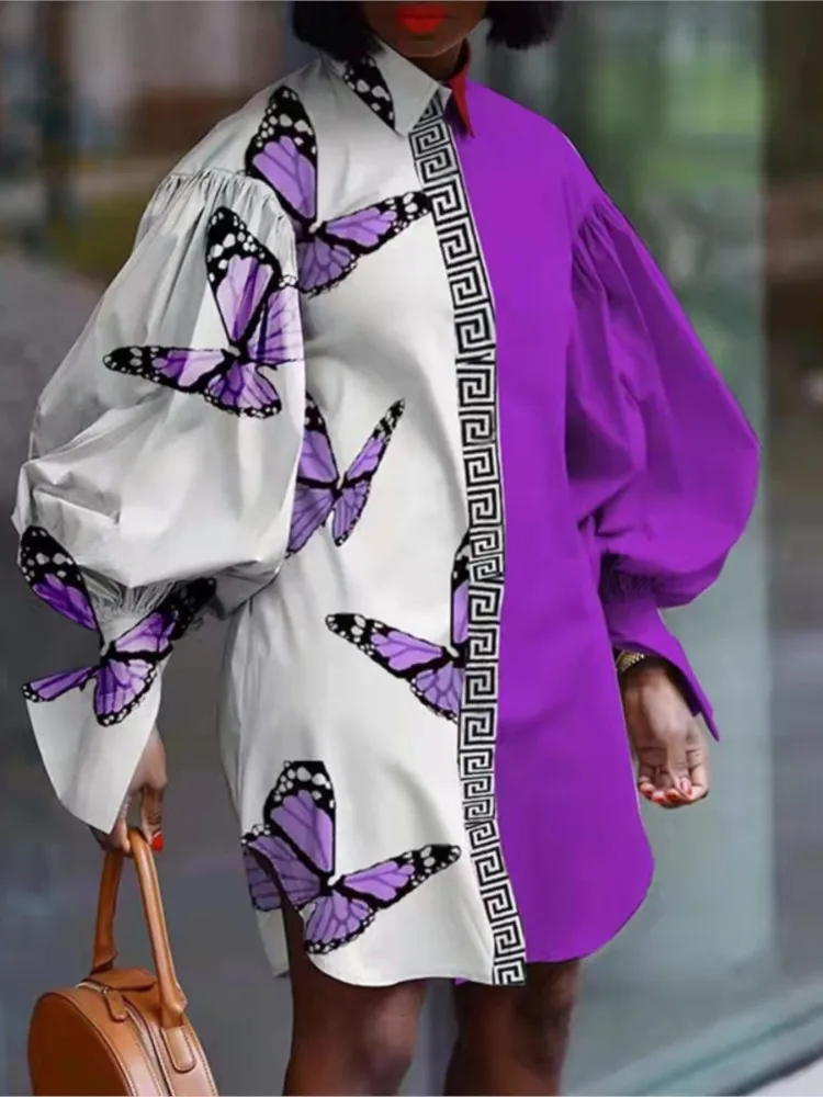 

Spring Autumn New Lantern Sleeve Letter Printed For Women's Shirt Fashion Patchwork Temperament Female Loose Casual Shirt Skirt