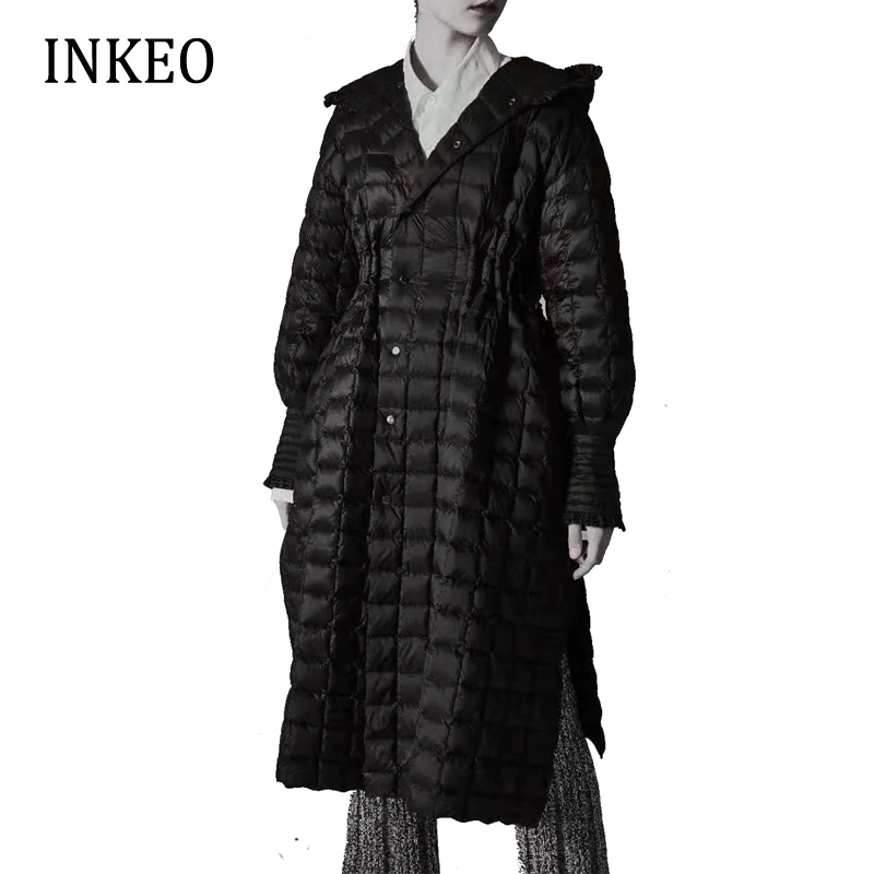 Fashion Women Long Goose down jacket 2022 Autumn winter Black Hooded Quilted puffer coat Parkas Female snow clothes INKEO 2O227