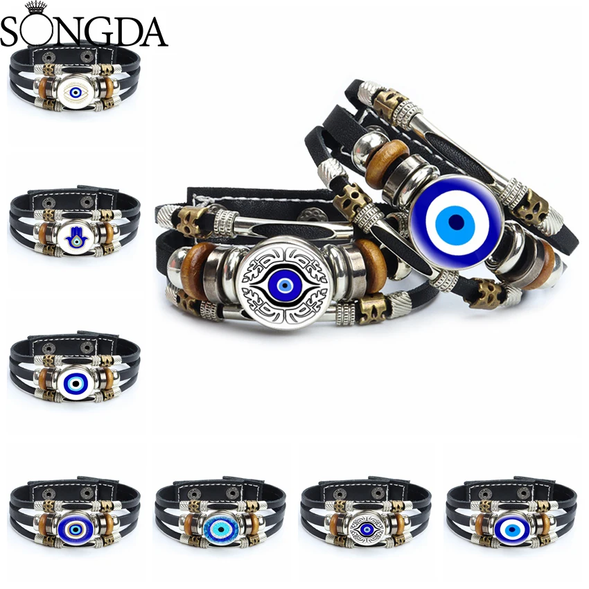 

Blue Turkish Evil Eye Bracelet Amulet Evil Nazar Eye Charm Lucky Glass Dome Snap Buttons Leather Bracelets Men Women Jewelry