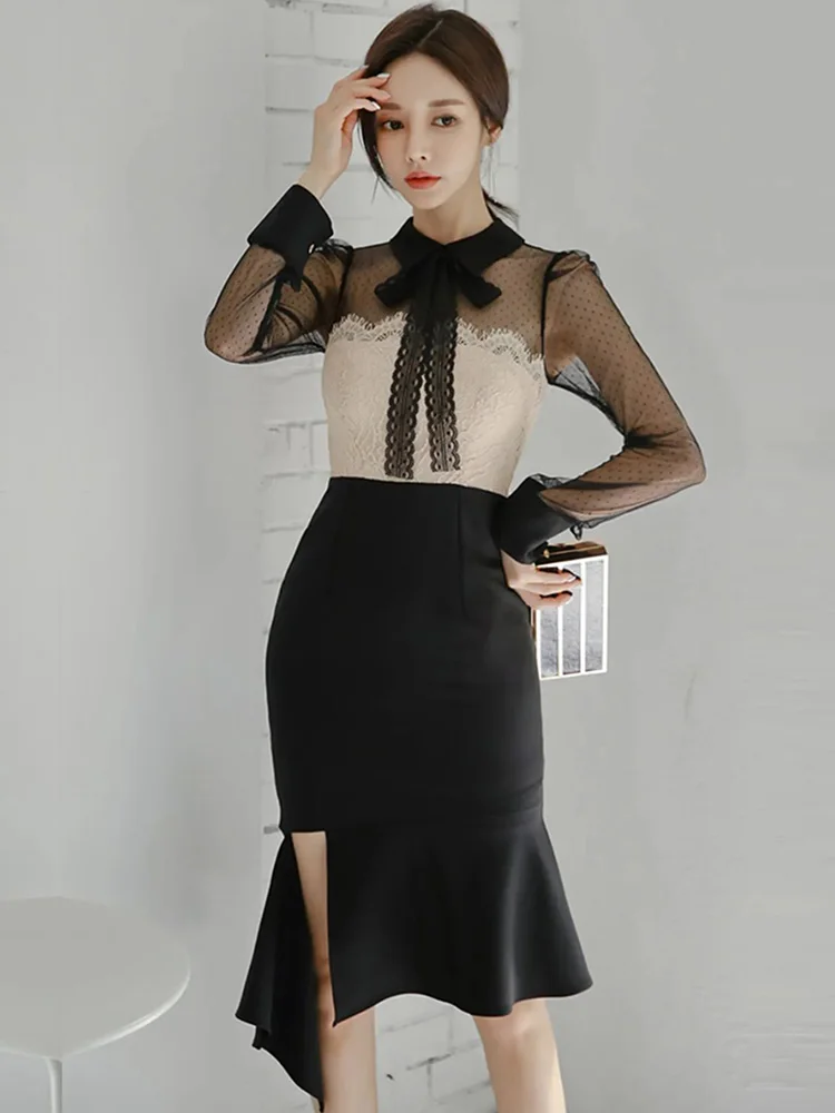 Элегантное вечернее платье с бантом на шее черное Сетчатое Кружевное облегающее