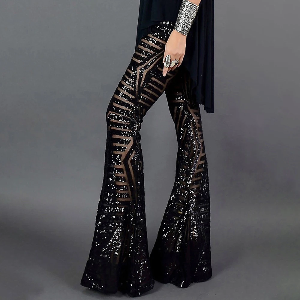 

2023 New Women's Loose Wide-leg Pants Adult Casual High-waisted Sequined Trousers Black/apricot/brown/red/blue