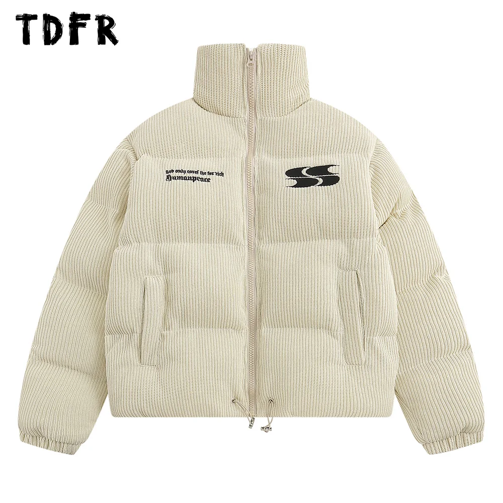 

Letter Embroidery Knitted Padded Jacket Mens Winter Warm Casual Loose Zipper Thick Jacket Long Sleeve Outerwear Men