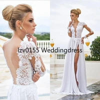 sexy beach wedding dresses sheer lace appliqued long sleeves sheath v neck backless split chiffon bridal gowns white dress
