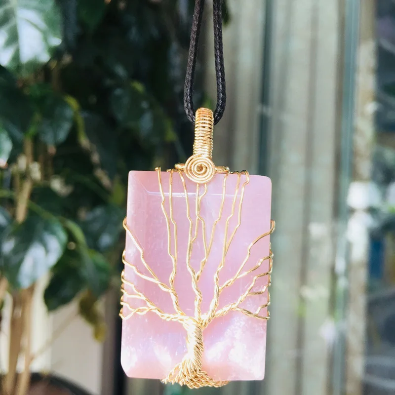 

Pink Color Tree of Life Natural Stone Pendant Necklace for Women Girls Handmade Wire Wrapped Rectangle Stone Pendant Necklace