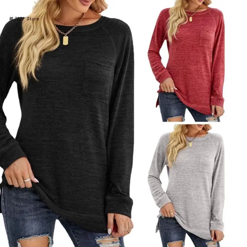 

Womens Fall Long Sleeve Pullover Tunic Top T-Shirts Fashion Plain Solid Color Crewneck Casual Loose Sweatshirt Blouse