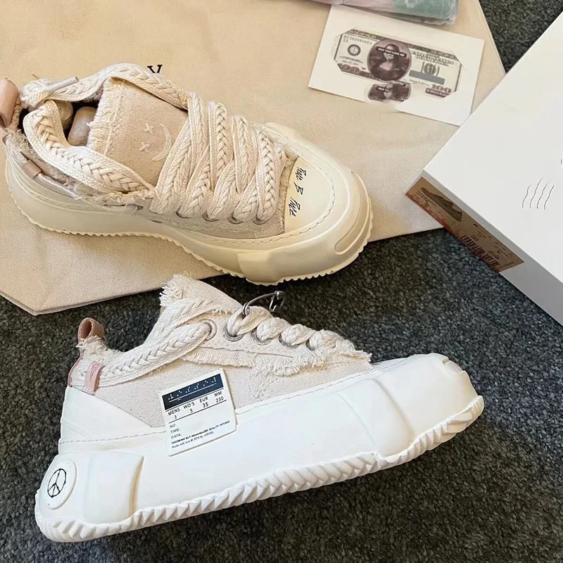 2023 Autumn New Style Casual Lace Up Beggar Shoes Women's Open Laughing Thick Soled Canvas Shoes